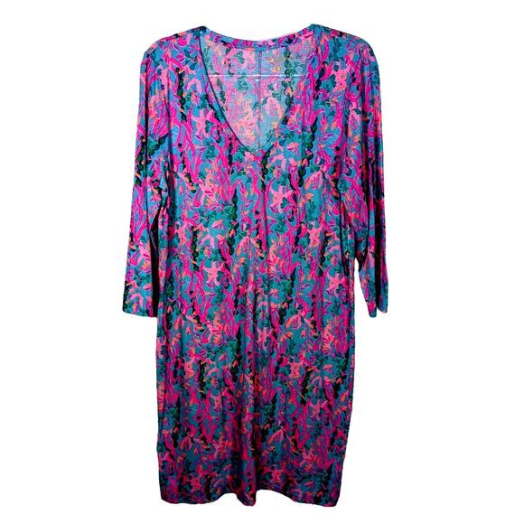 Lilly Pulitzer Tessa Dress V Neck 3/4 Sleeve Cotton Cerise Pink Safari Sunset XL - Picture 1 of 8